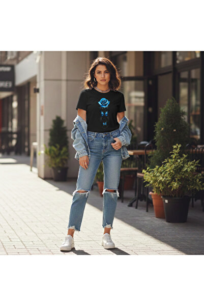 Eritqaa Neon Blue Rose and Butterfly Pattern Oversize/Slim Fit T-Shirt