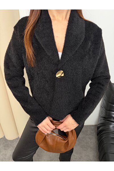 ikomteks Gold Buttoned Feathered Knit Cardigan - Black