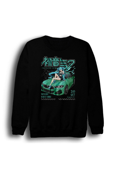fame-stoned Hatsune Miku Anime Printed Unisex 100% Cotton Black Hooded Crew N...