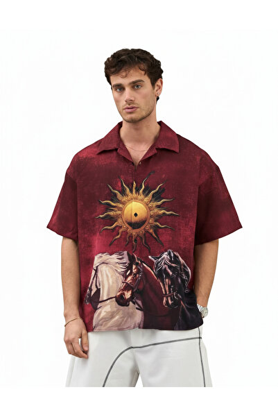 Wonraces Men's Oversize Apaş Collar Printed Short Sleeve Shirt
