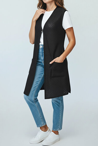 ECE GİYİM Women's Long Lace Vest with Three Button Pockets on the Front