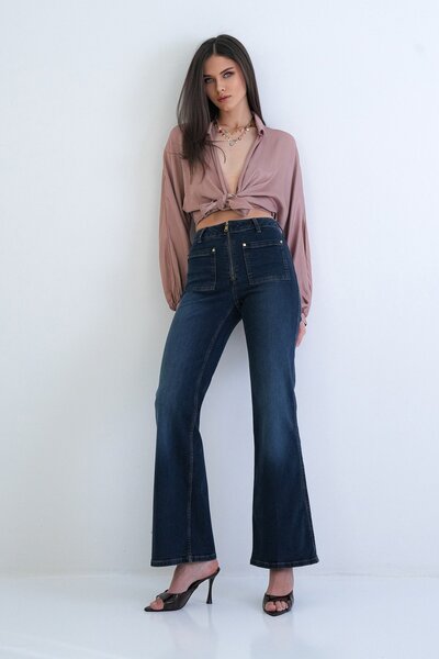 Trend Alaçatı Stili Women's navy blue lycra washed jean pants with zipper and...