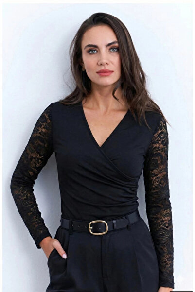 Cool & Sexy Lace Sleeves Double Breasted Collar Viscose Fabric Black Blouse