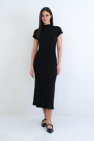 Trend Alaçatı Stili Women's black stand collar short sleeve maxi length knit ...