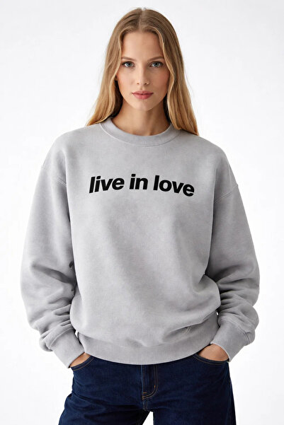 COMBİNE MİCHAİL Women's Live İn Love Printed Gray Sweatshirt