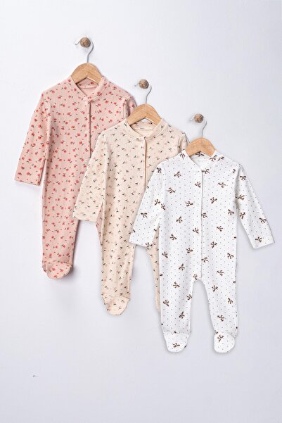 DEFNE LİNA BABY Baby Girl Patterned Colorful 3-Piece Jumpsuit Set Newborn Out...