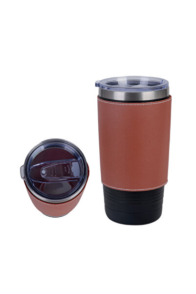 mercanpromosyon Leather Covered Stainless Steel Thermos Mug - Vacuum Travel M...