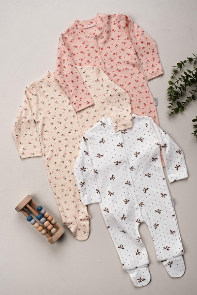 ENİA BABY Kız Bebek Desenli Renkli 3lü Tulum Takımı Yenidoğan Kıyafeti 3-6 Ay