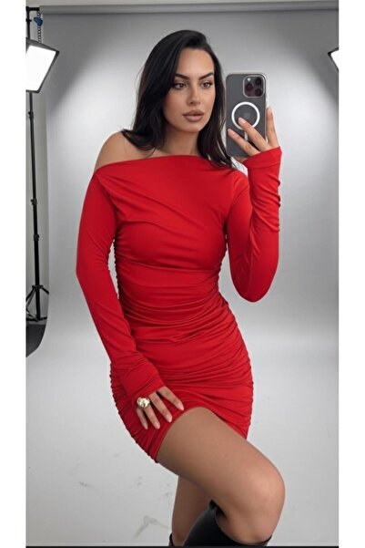 Linich&Co Red One-Shoulder Asymmetrical Collar Gathered Stretchy Mini Dress