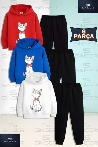 SS SİNSER Children's Unisex Cat Black Pencil Pink Ribbon 3-Piece Hooded Track...