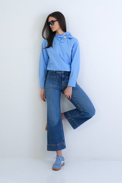 Trend Alaçatı Stili Women's blue pocket detail folded hem high waist lycra je...