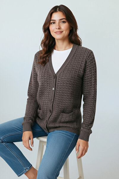 ECE GİYİM Women's Seasonal Mercerized Cardigan with Front Button Pockets