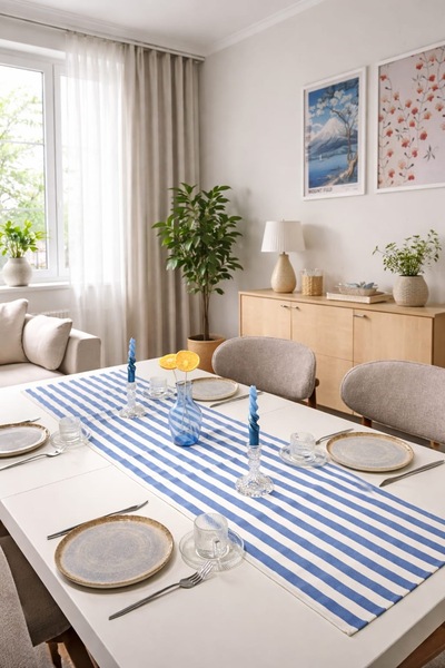 BMK BETTER TOGETHER White with Blue Stripes Runner Tablecloth Table Decor