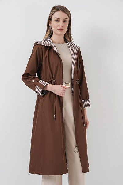 Hiccup Bdart Hooded Striped Long Trench Coat with Drawstring Waist