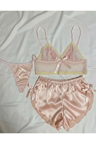 ARONA 3'lü Saten ve Dantel Pijama Takımı