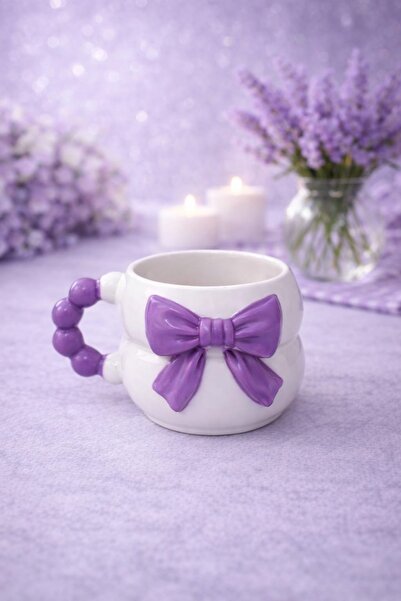 SırART 3D Embossed Purple Bow Pattern Custom Embossed Fully Handmade Ceramic Mug