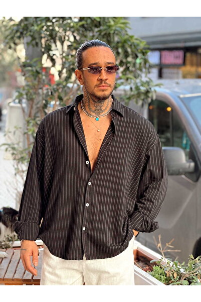 manch collection Oversize Striped Linen Shirt Black