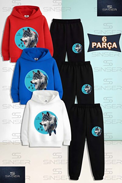 SS SİNSER Children's Unisex Wolf Gray Turquoise Canvas 3-Piece Hooded Tracksu...