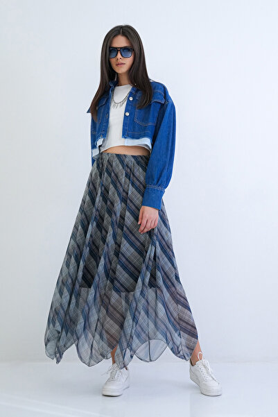 Trend Alaçatı Stili Women's Gray Asymmetrical Cut Lined Plaid Patterned Tulle...