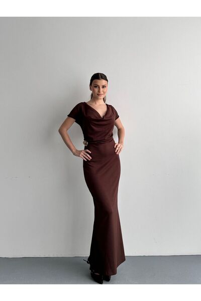 LUNES Modal Fabric Dress with Collar and Buckle at the Waist