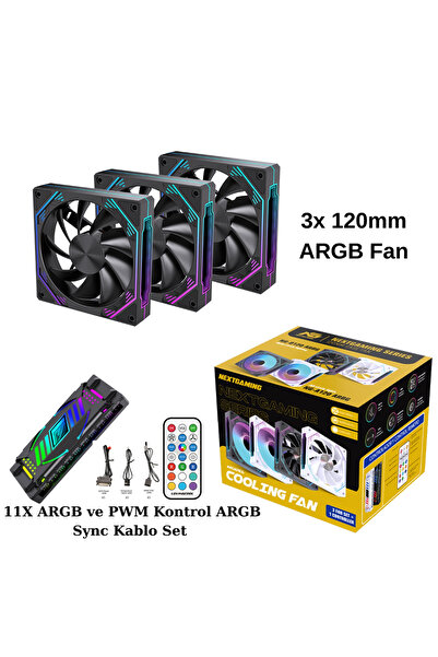 Next Gaming NG-O120B 3 Adet 120mm ARGB Fan 11X ARGB PWM Slot Kontrolcü ve Kum...