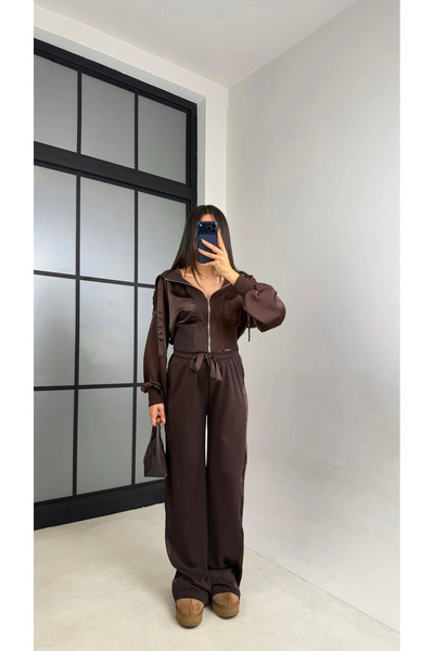 Miss Beyoğlu Women's Satin Detailed Cardigan and Elastic Waist Pants Design Set