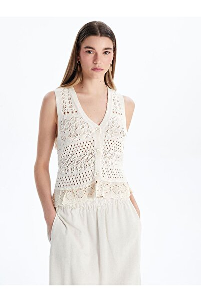 LC Waikiki Xside Beige V-Neck Openwork Women's Knitwear Vest