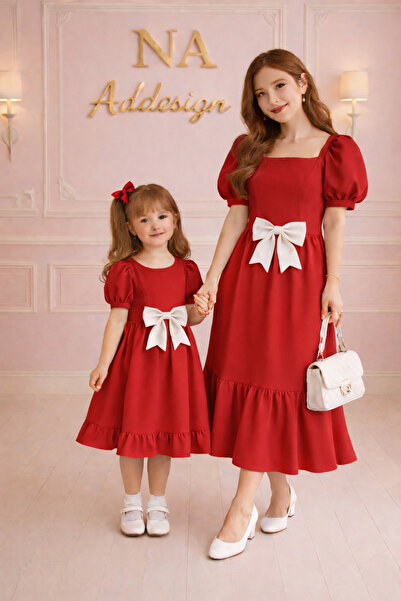 NA ADDESIGN Rochie asortată mamă-fiică – Cu fundă, mâneci bufante (MUSTĂ FI A...