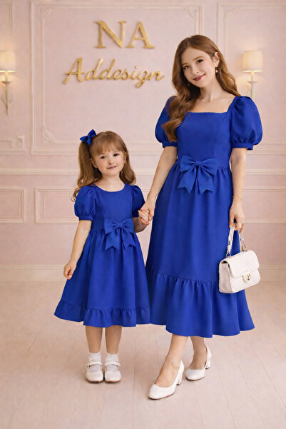 NA ADDESIGN Rochie asortată mamă-fiică – Cu fundă, mâneci bufante (MUSTĂ FI A...