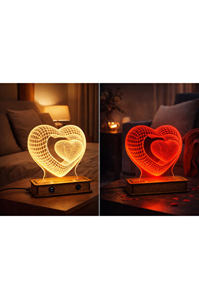 ARTILED 3D Aşk Kalpli LED Masa Lambası | Ahşap Tabanlı | Romantik Dekoratif G...
