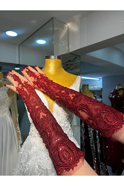 sanem moda Bordo Special Design Lace Embroidered Gloves Fingered Gloves