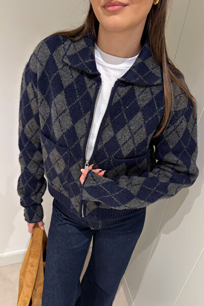 MAGARDE Baklava Pattern Zippered Cardigan - Dark Blue