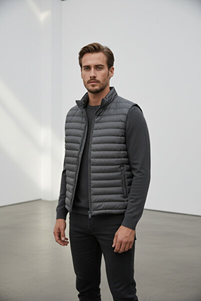 Piyera Men's Gray Zippered Pocketed Quilted Vest - 10004