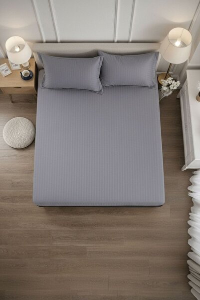 Cuvertură de pat cu elastic + 2 fețe de pernă, 180x200 cm, damasc din bumbac , gri antracit miniatura 3