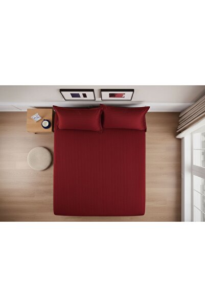 Cuvertură de pat cu elastic + 2 fețe de pernă, 180x200 cm, damasc din bumbac , culoare cireș miniatura 3
