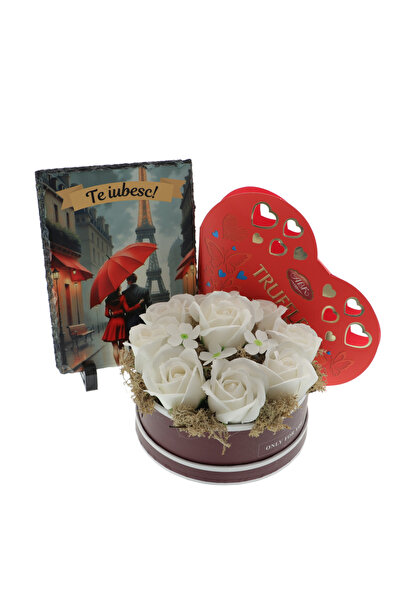 GiftExpress Set cadou-Te iubesc cu aranjament trandafiri, placa personalizata...