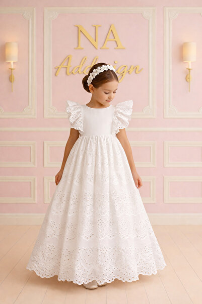 NA ADDESIGN Rochie albă cu volane pentru fete, Rochie lungă cu volane