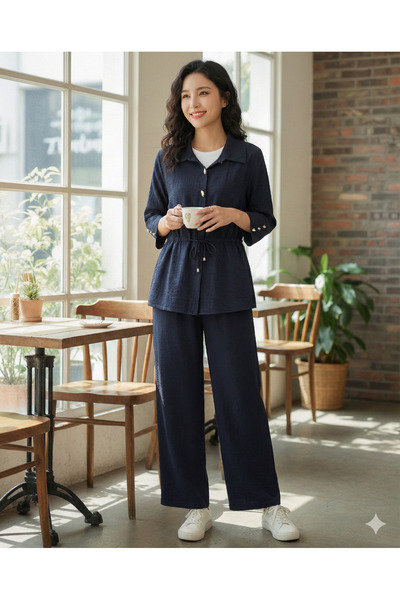 TESTOKUR Tunnel Lace-Up Elastic Waist Cotton Crinkle Set