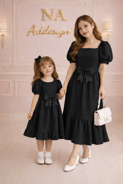 NA ADDESIGN Rochie asortată mamă-fiică – Cu fundă, mâneci bufante (MUSTĂ FI A...