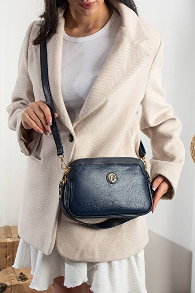 H&D COLLECTİON Women's Navy Blue Soft Faux Leather Multi-Compartment Crossbod...