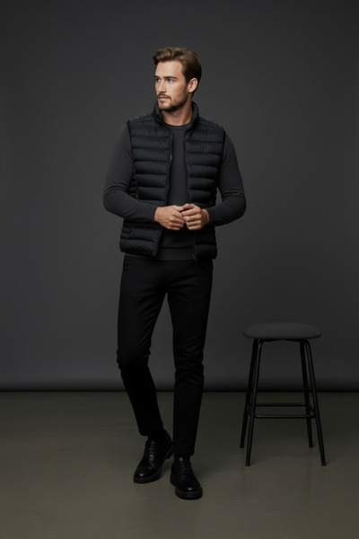 Piyera Men's Black Zippered Pocketed Quilted Vest - 10004