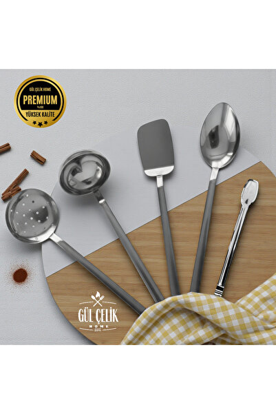 Gül Mutfak Scoop Colander Spatula Spoon Tongs Serving Set 5 Pieces 18/0 Quality