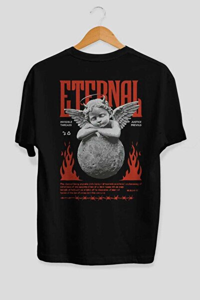 Ankhises Tricou negru oversize cu imprimeu pe spate Eternal, pentru bărbați ș...