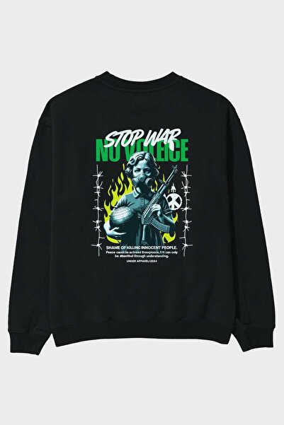 Ankhises Hanorac oversize negru cu imprimeu pe spate Stop War, pentru bărbați...