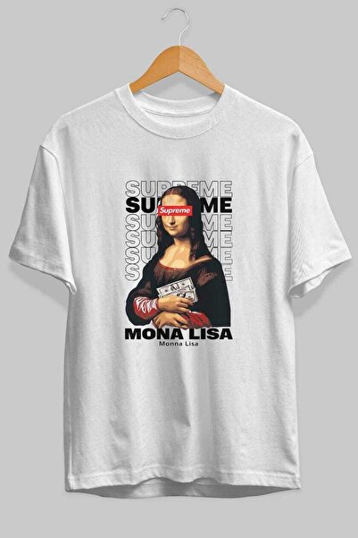 Ankhises تي شيرت مونا ليزا سوبريم أبيض كبير الحجم مطبوع من الأمام للرجال والن...