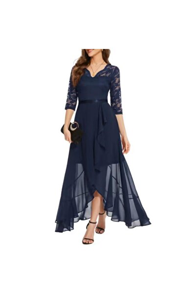 Bbonlinedress Long-sleeved chiffon Lace V-neck evening dress – Navy blue