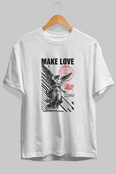 Ankhises Μπλουζάκι Make Love με στάμπα μπροστά, λευκό, oversized, ανδρικό και...