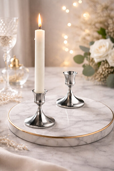 Jovi 2’li gümüş rengı dekoratif şamdan seti şik metal mumluk