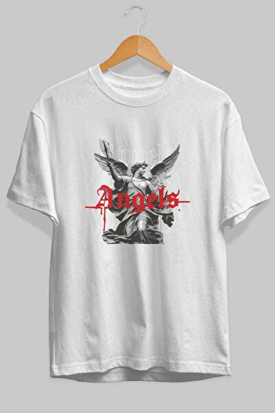 Ankhises Tricou oversize alb cu imprimeu Angels în față, pentru bărbați și fe...