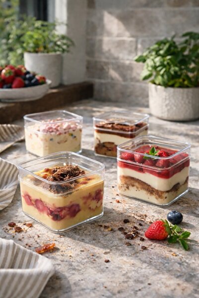 Ambalajın 6 Adet Kapaklı Kare Tiramisu Cup 280 cc Şeffaf Kapaklı Mika Plastik...